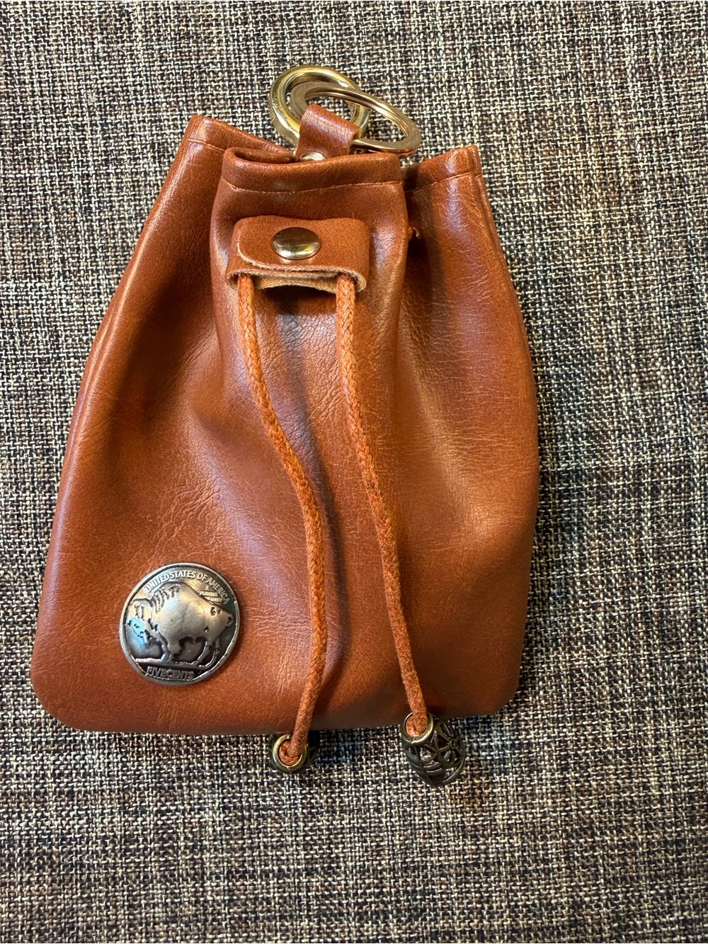 New Rustic Chocolate Brown Drawstring Pouch & Keyring PU Leather